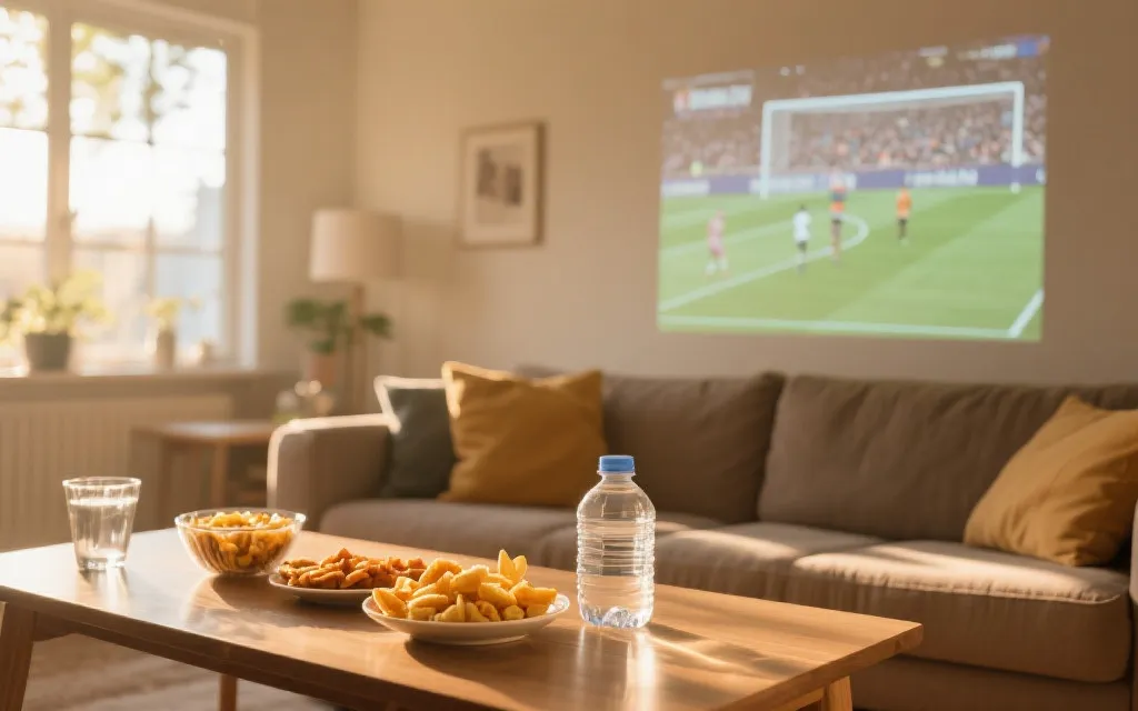 客厅投影观赛与健康小食摆盘的生活方式图